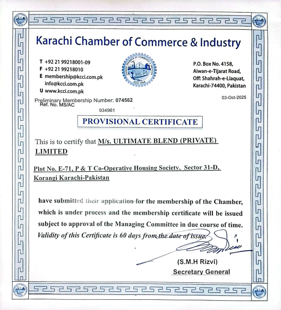 Ultimate Blend Karachi Chamber of Commerce Certificate